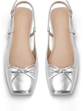 Women's Silver Slingback Square Toe Bow Knit Ankle Buckle Satin Ballet Flats